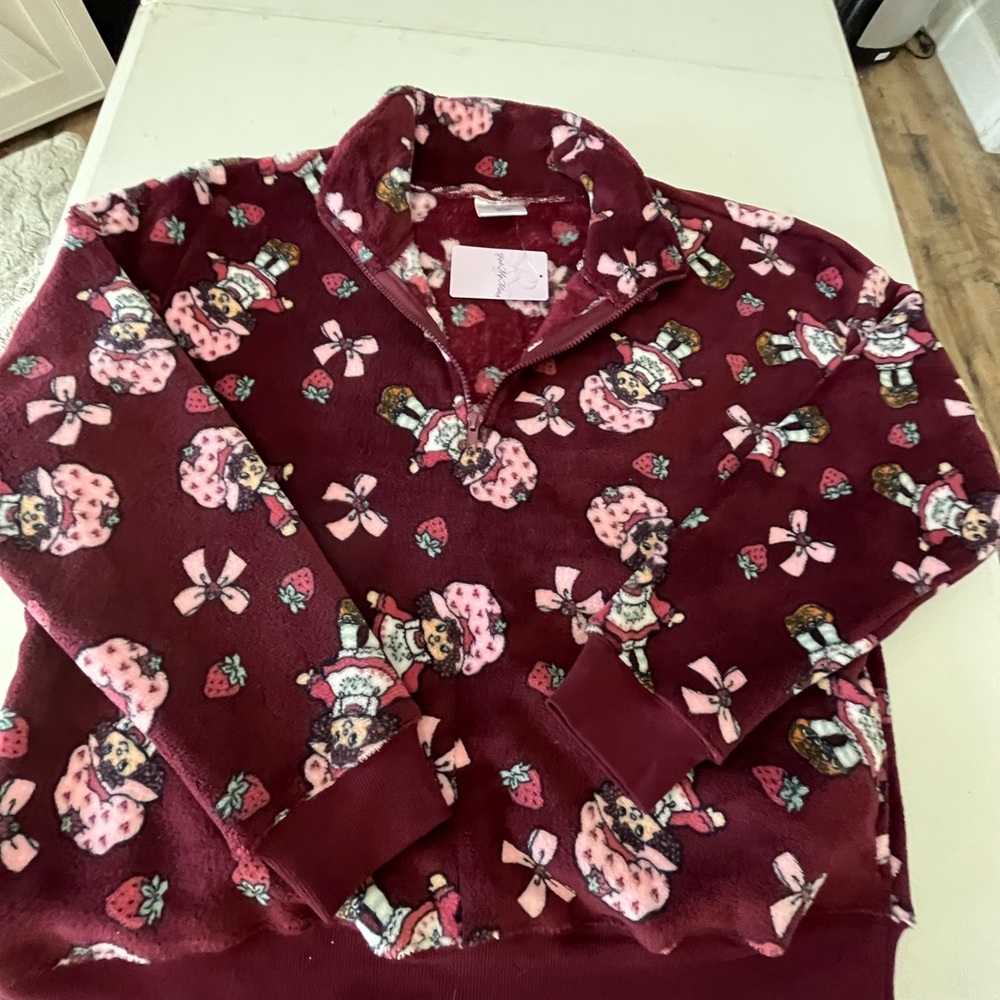 Burgundy Strawberry Shortcake 1/4 Zip Fleece Pullover with Strawberry Print Larg